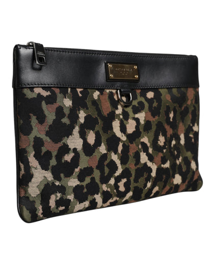 Sac pochette Dolce & Gabbana multicolore à motif léopard jacquard avec plaque logo