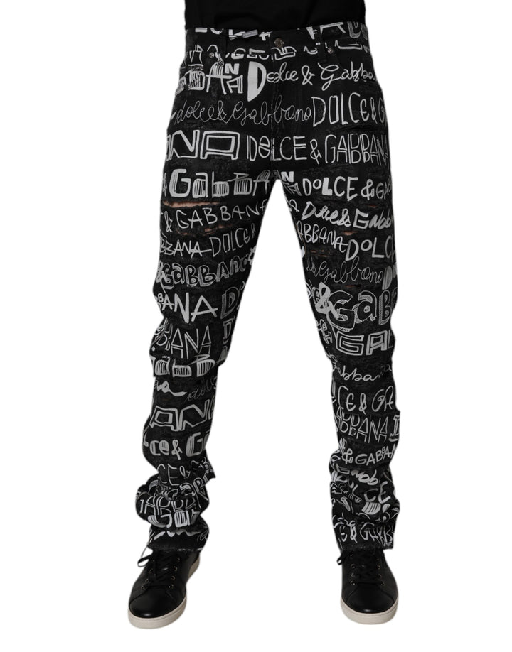 Dolce & Gabbana Vaqueros de Algodón Negro con Estampado de Logotipo de Corte Recto