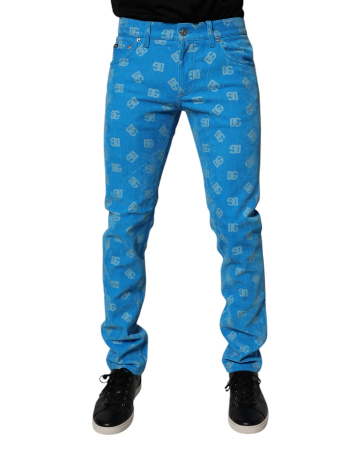 Pantalones vaqueros pitillo de algodón con logotipo y monograma azul de Dolce & Gabbana