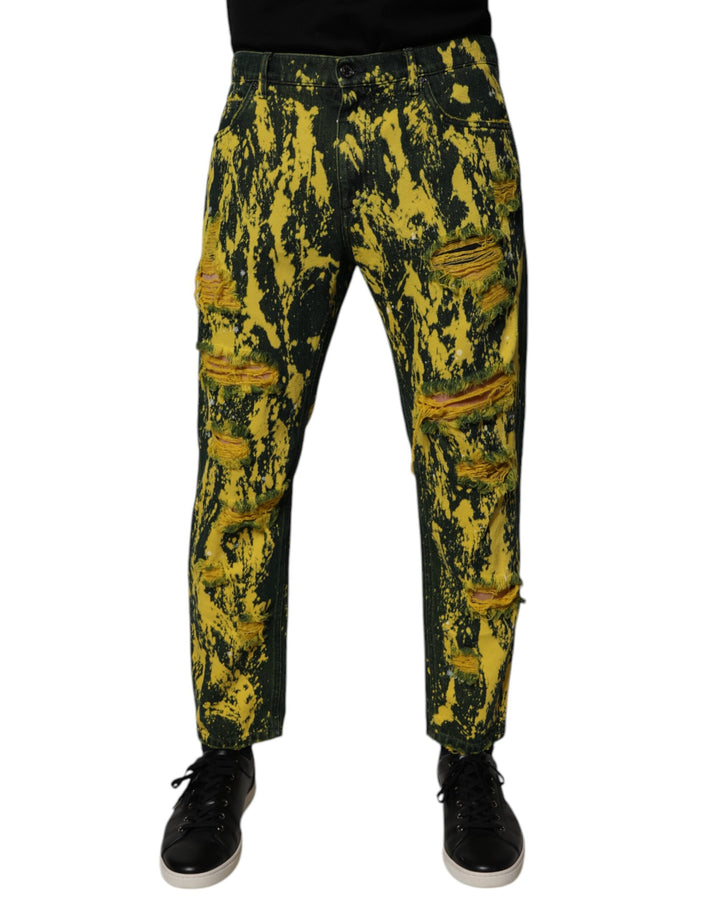 Pantalones Vaqueros Pitillo Rotos con Teñido Anudado en Negro y Amarillo para Hombre de Dolce & Gabbana