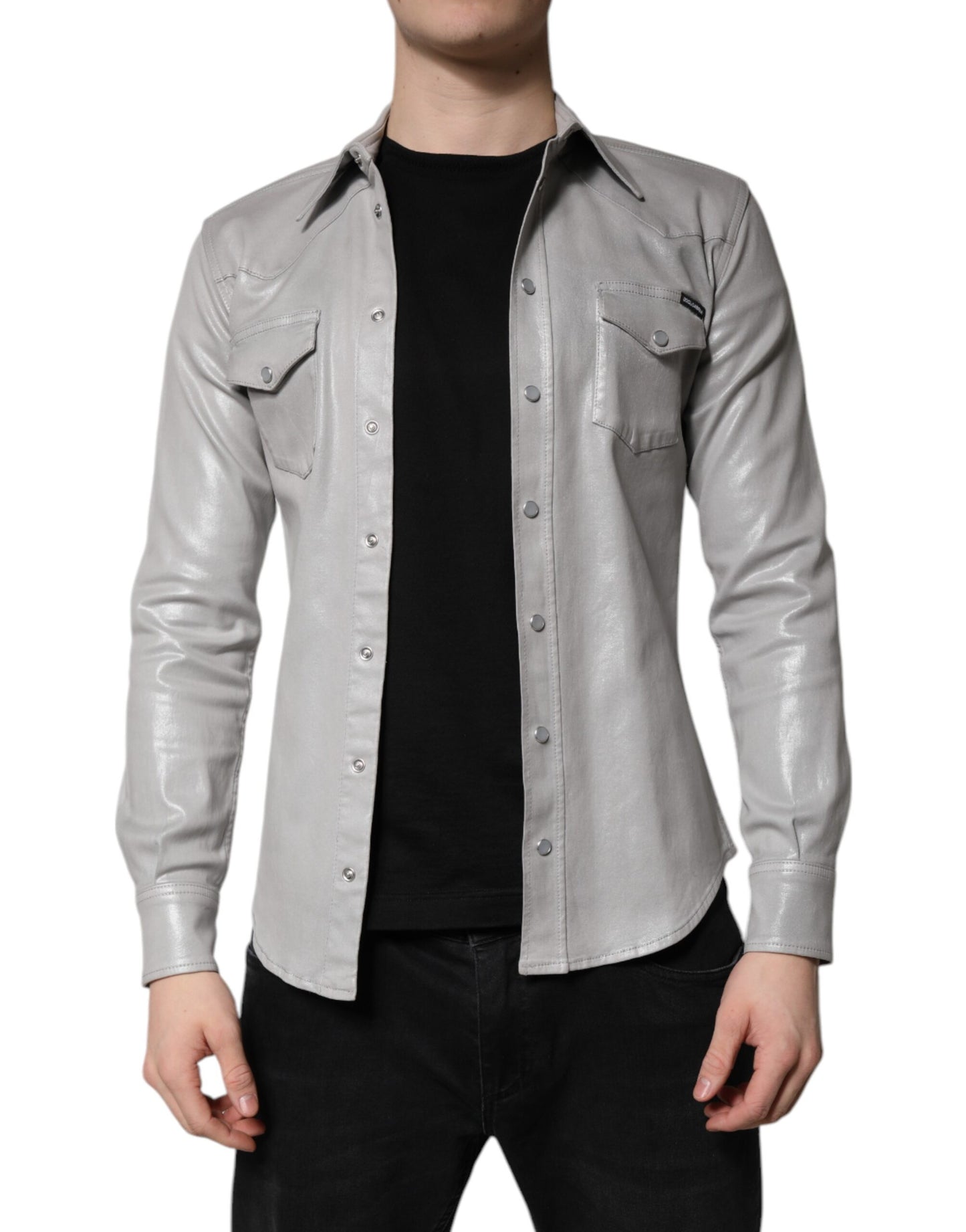 Camisa de Algodón con Botones Gris Metalizado de Dolce & Gabbana