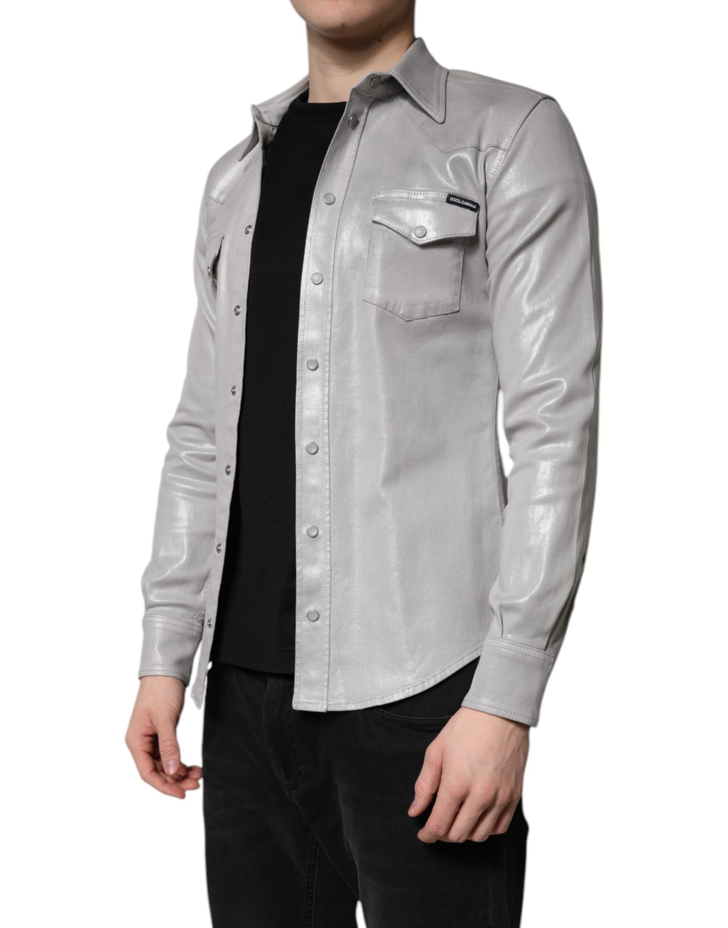 Camisa de Algodón con Botones Gris Metalizado de Dolce & Gabbana