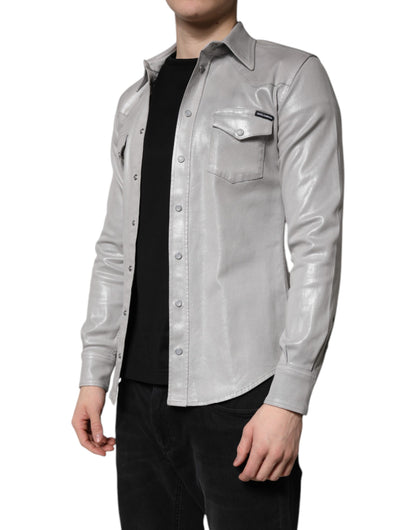 Camisa de Algodón con Botones Gris Metalizado de Dolce & Gabbana