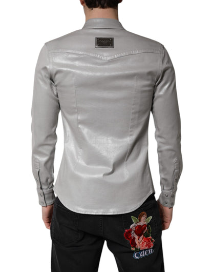 Camisa de Algodón con Botones Gris Metalizado de Dolce & Gabbana