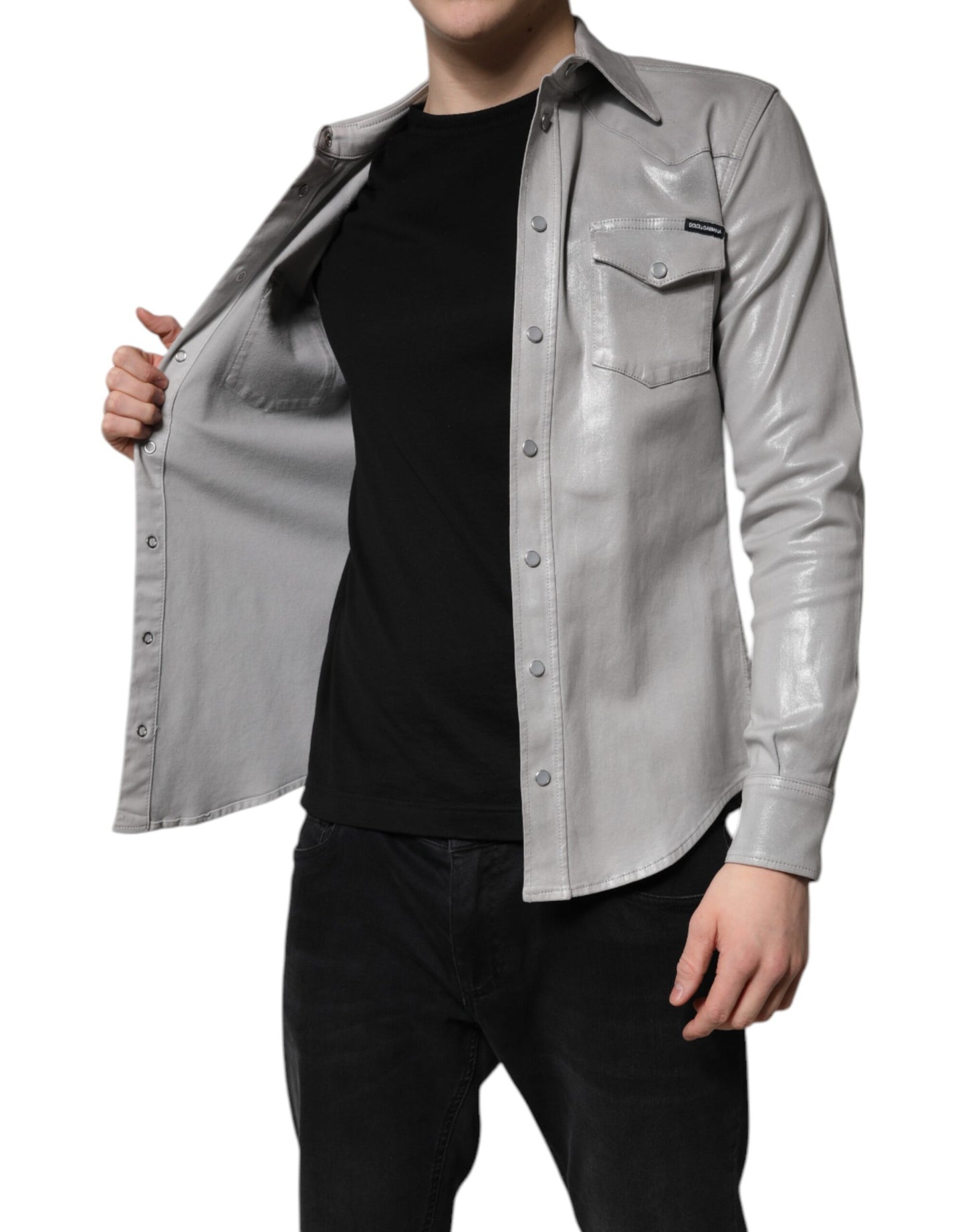 Camisa de Algodón con Botones Gris Metalizado de Dolce & Gabbana