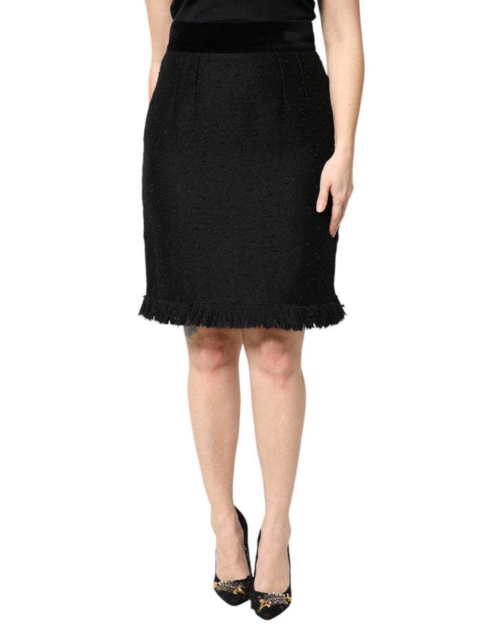 Minifalda de tubo de cintura alta con flecos de lana negra de Dolce & Gabbana