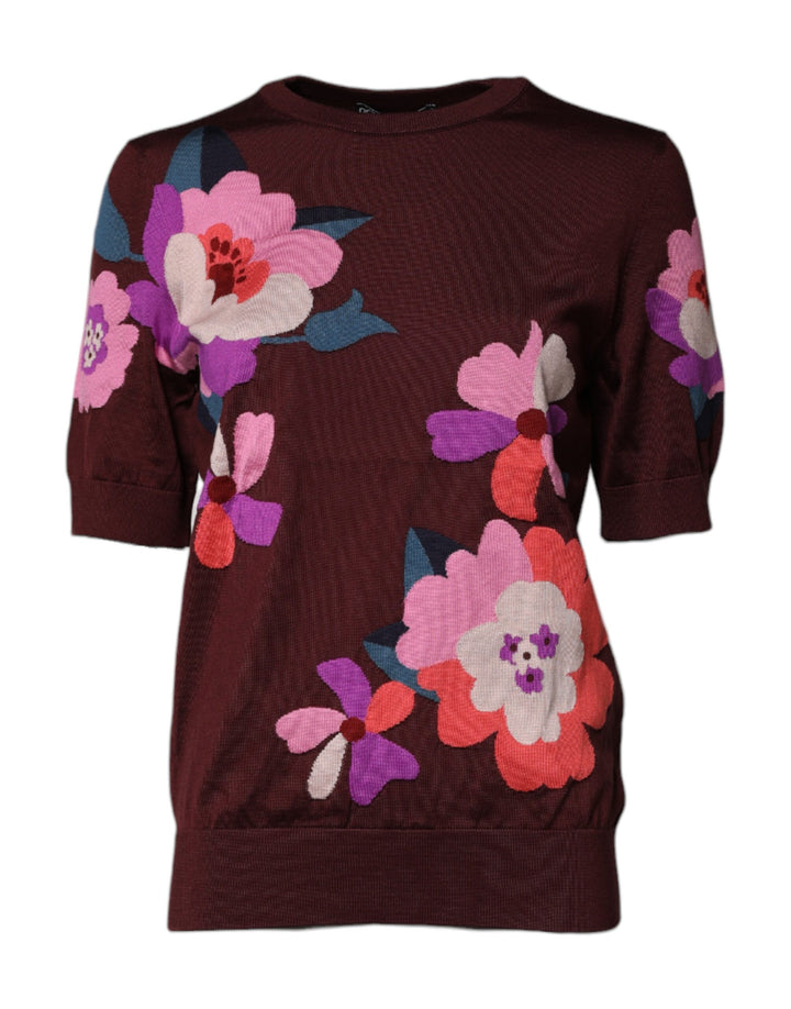 Blusa de seda con cuello redondo y estampado floral color granate de Dolce & Gabbana