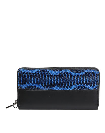 Portefeuille Continental Dolce & Gabbana en Cuir Exotique Gaufré Noir et Bleu