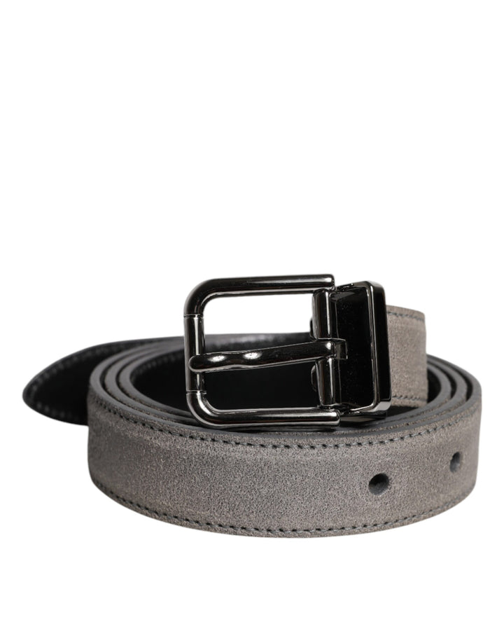 Cinturón Dolce & Gabbana de Cuero Gris con Hebilla de Metal Tono Plateado