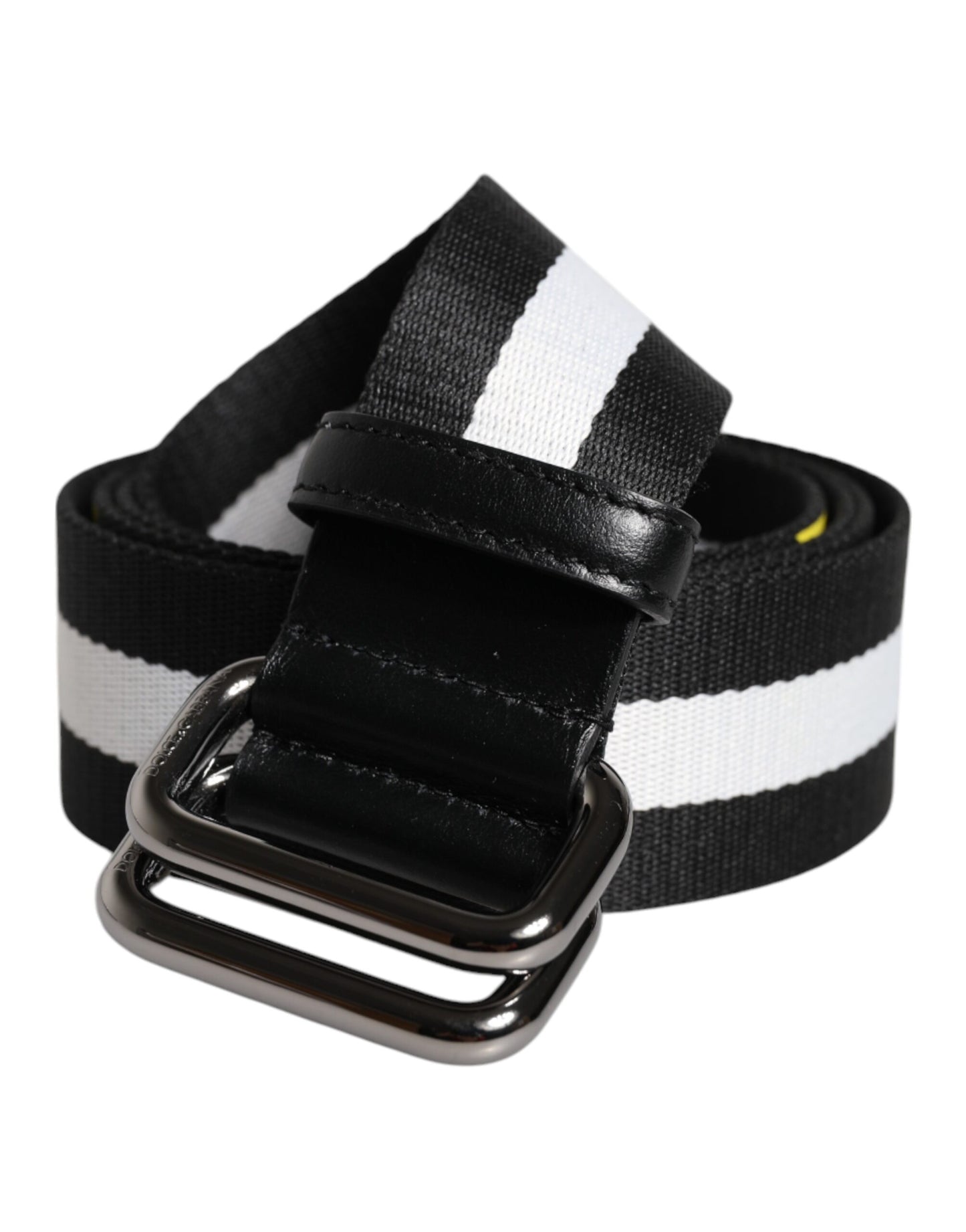 Cinturón Dolce & Gabbana negro y amarillo con logo a rayas y hebilla metálica