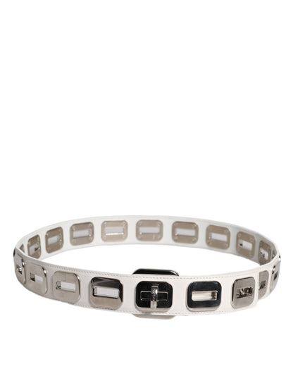 Dolce & Gabbana White Leather Gold Tone Rotating Buckle Belt
