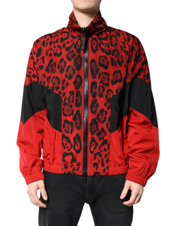 Blouson bomber Dolce & Gabbana en nylon rouge imprimé léopard avec fermeture éclair intégrale