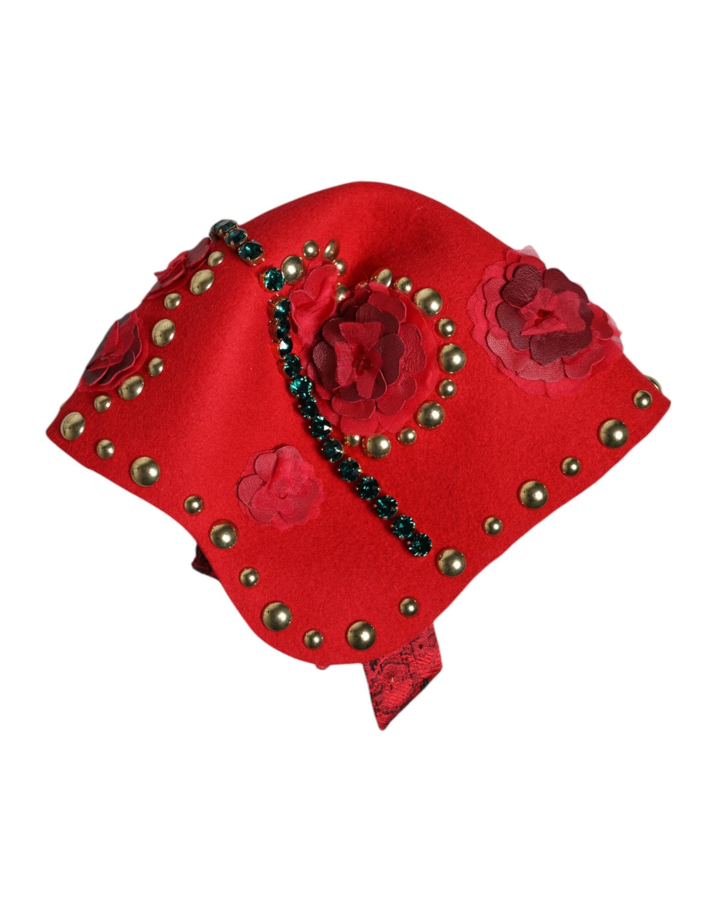 Sombrero adornado con broche de rosas doradas con cristales rojos de Dolce & Gabbana