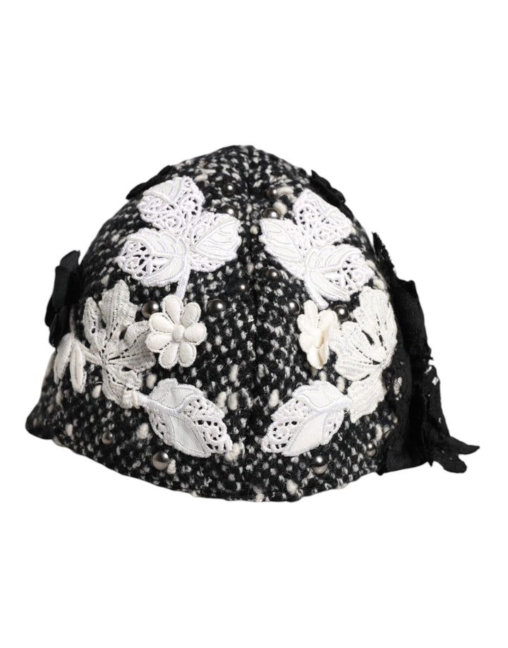 Chapeau cloche Dolce & Gabbana en laine noire orné de fleurs blanches