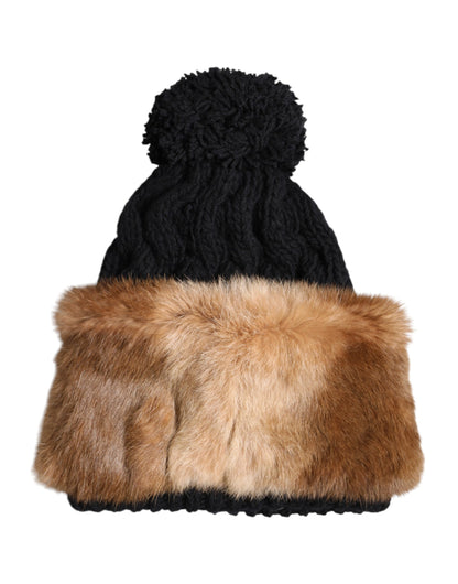 Bonnet d'hiver Dolce & Gabbana en véritable fourrure de lapin teintée noire et marron