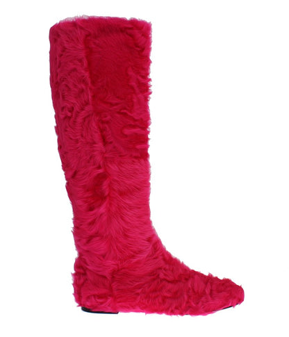Bottes plates en cuir et fourrure d'agneau rose Dolce & Gabbana