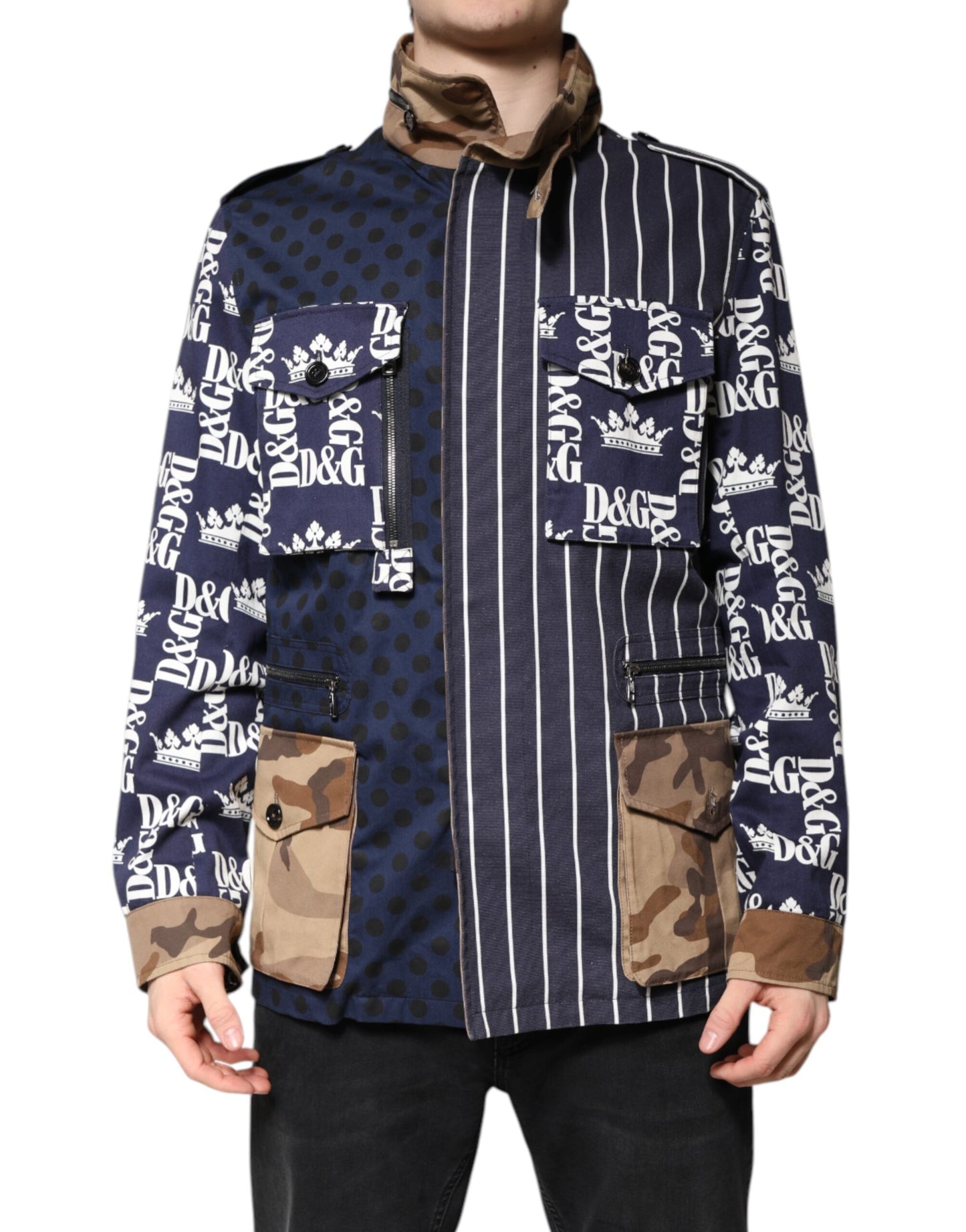 Chaqueta abrigo de algodón multicolor con patchwork de logotipos de Dolce & Gabbana