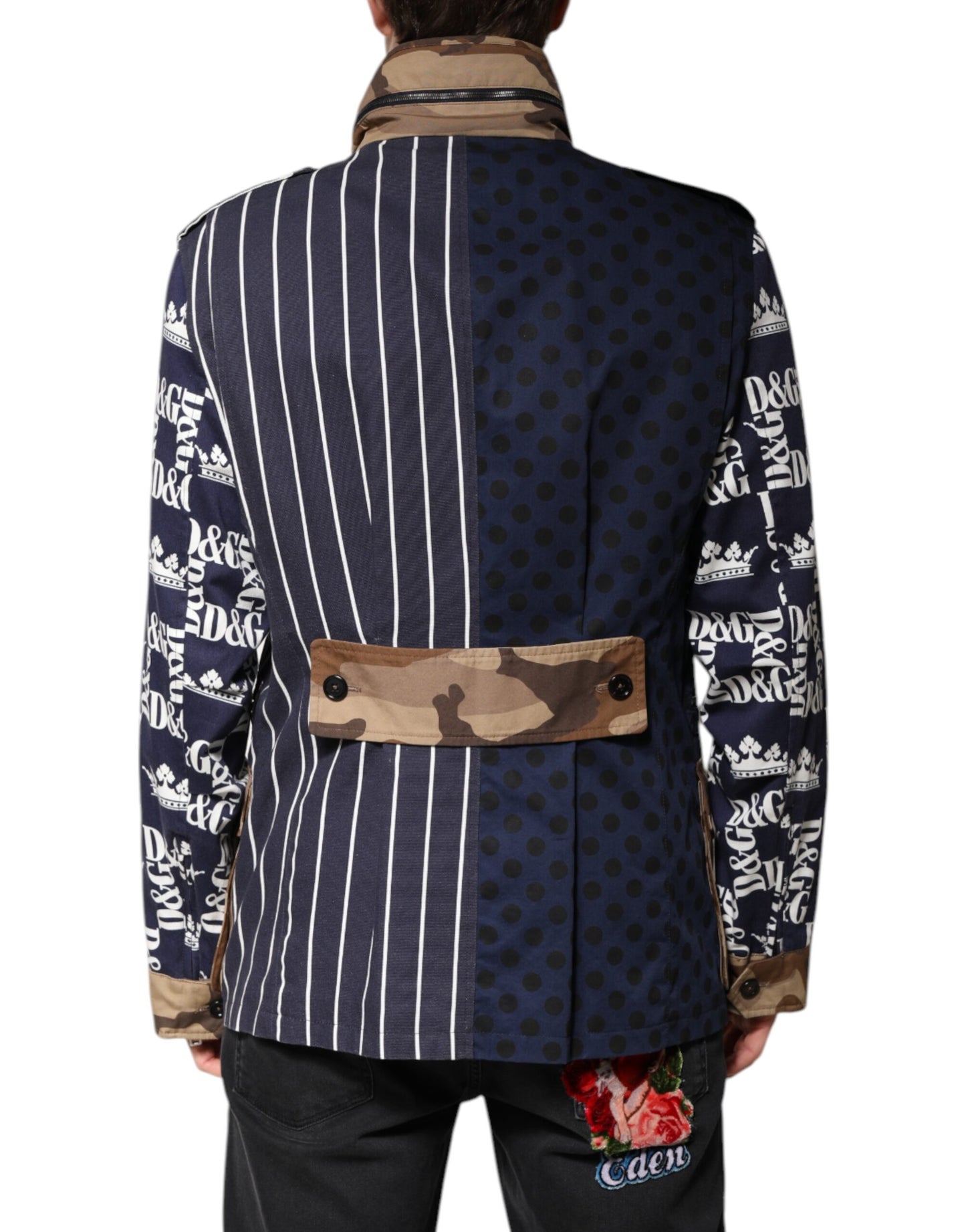 Chaqueta abrigo de algodón multicolor con patchwork de logotipos de Dolce & Gabbana