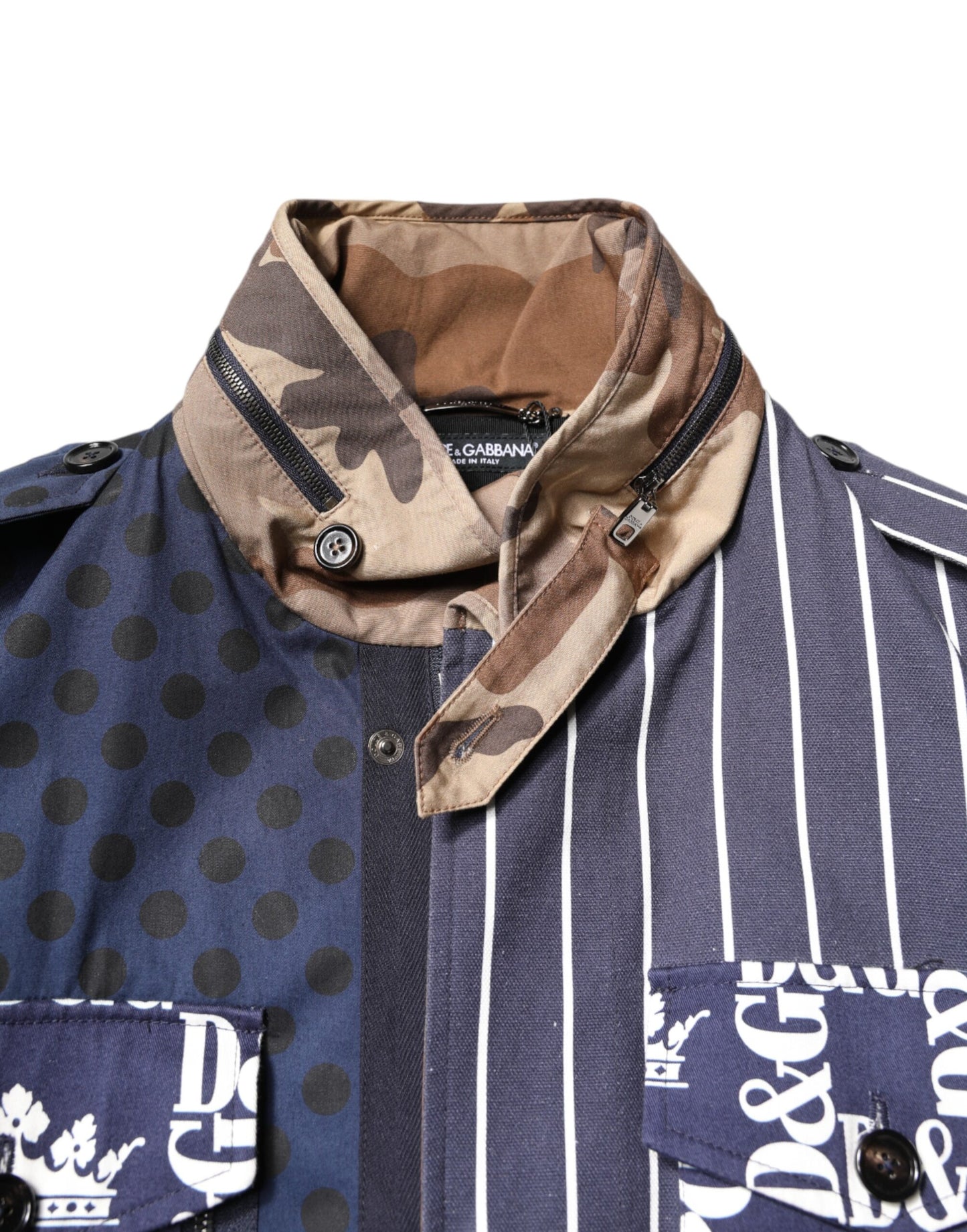 Chaqueta abrigo de algodón multicolor con patchwork de logotipos de Dolce & Gabbana