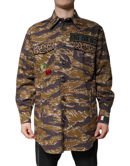 Dolce & Gabbana Abrigo-Chaqueta de Algodón con Cuello Estampado Leopardo Marrón