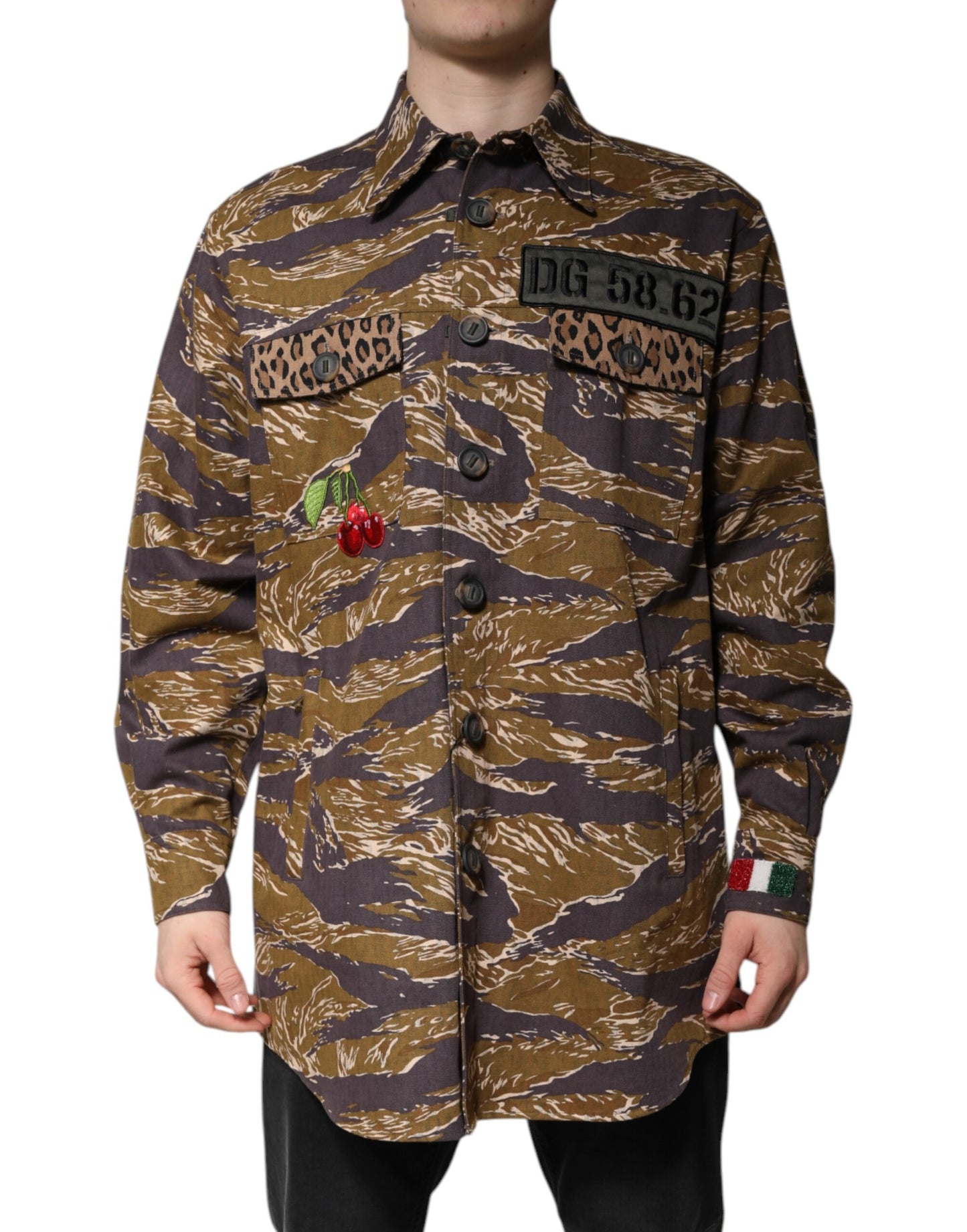 Dolce & Gabbana Abrigo-Chaqueta de Algodón con Cuello Estampado Leopardo Marrón