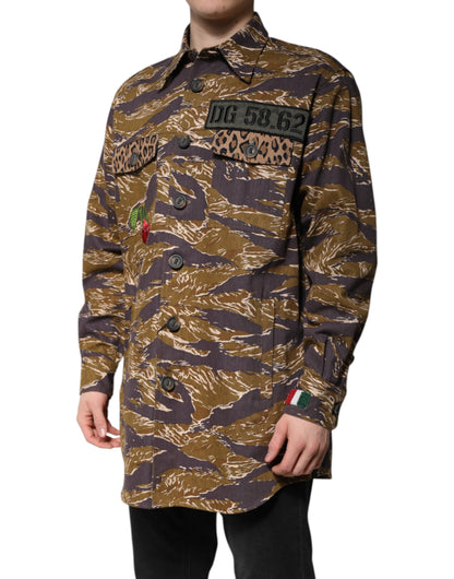 Dolce & Gabbana Abrigo-Chaqueta de Algodón con Cuello Estampado Leopardo Marrón