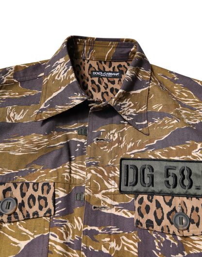Dolce & Gabbana Abrigo-Chaqueta de Algodón con Cuello Estampado Leopardo Marrón