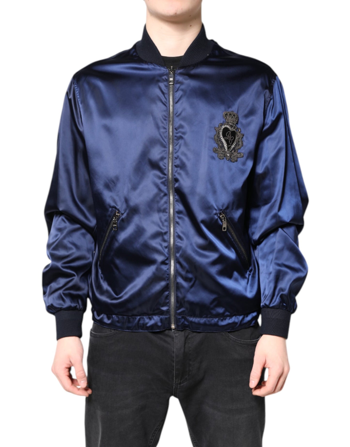 Blouson Bomber Dolce & Gabbana bleu en nylon avec DG Crown et fermeture éclair intégrale