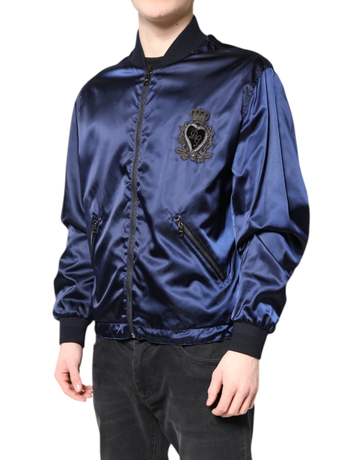 Blouson Bomber Dolce & Gabbana bleu en nylon avec DG Crown et fermeture éclair intégrale