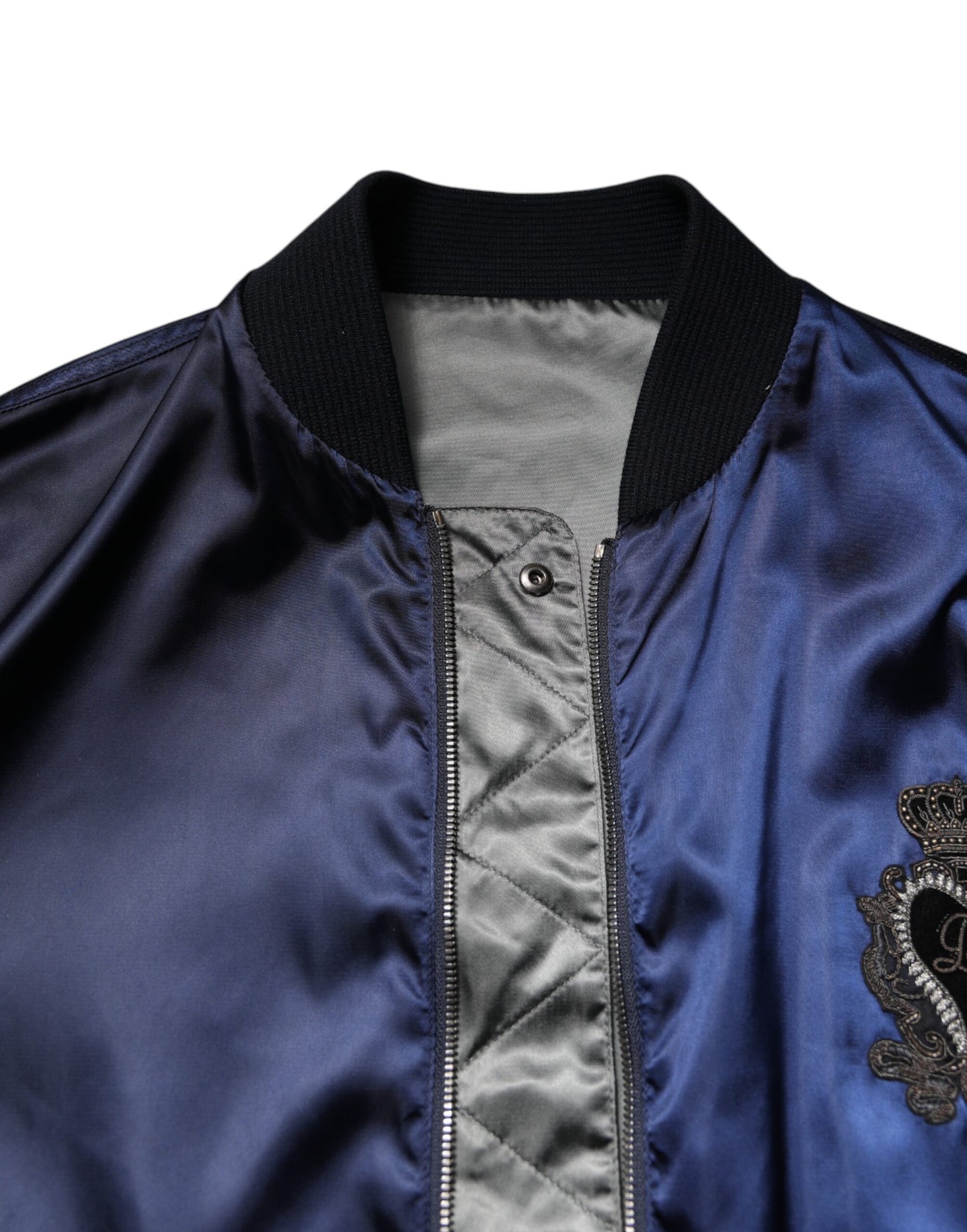 Blouson Bomber Dolce & Gabbana bleu en nylon avec DG Crown et fermeture éclair intégrale
