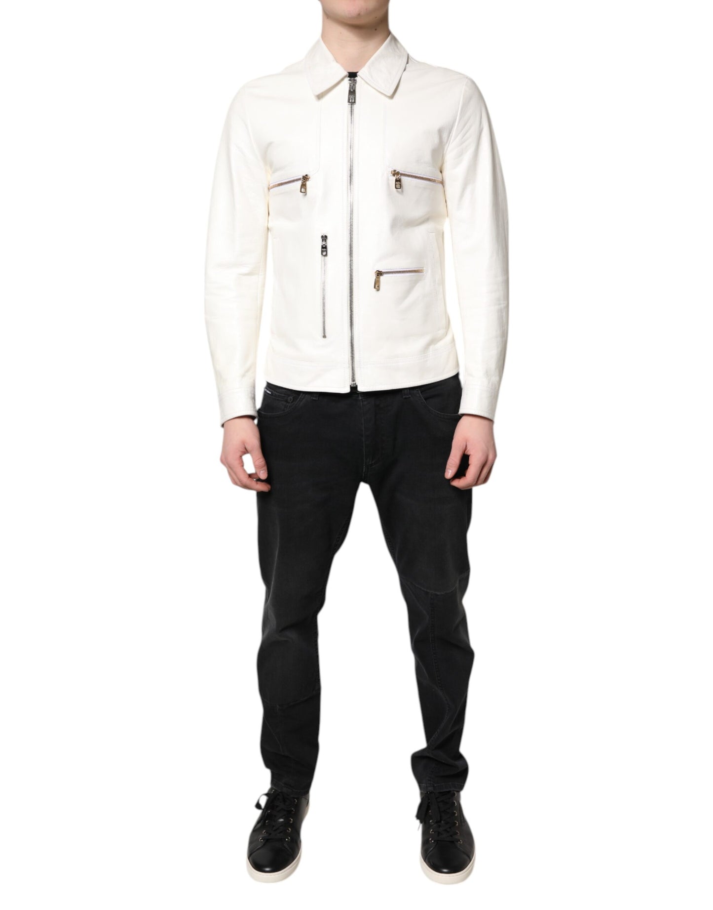 Chaqueta abrigo motociclista Dolce & Gabbana blanca con cuello y cremallera completa