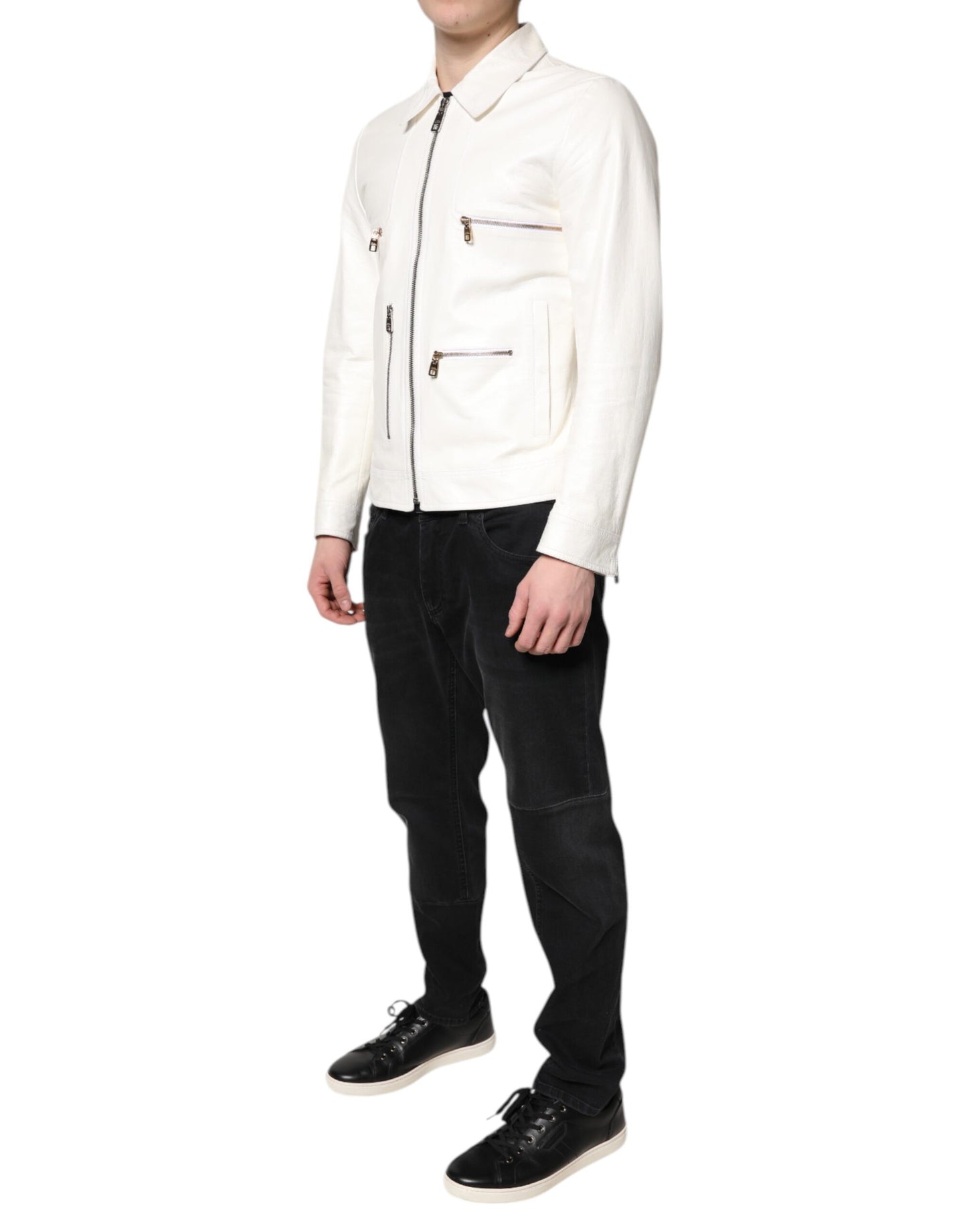 Chaqueta abrigo motociclista Dolce & Gabbana blanca con cuello y cremallera completa
