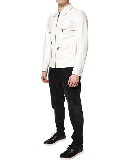 Chaqueta abrigo motociclista Dolce & Gabbana blanca con cuello y cremallera completa