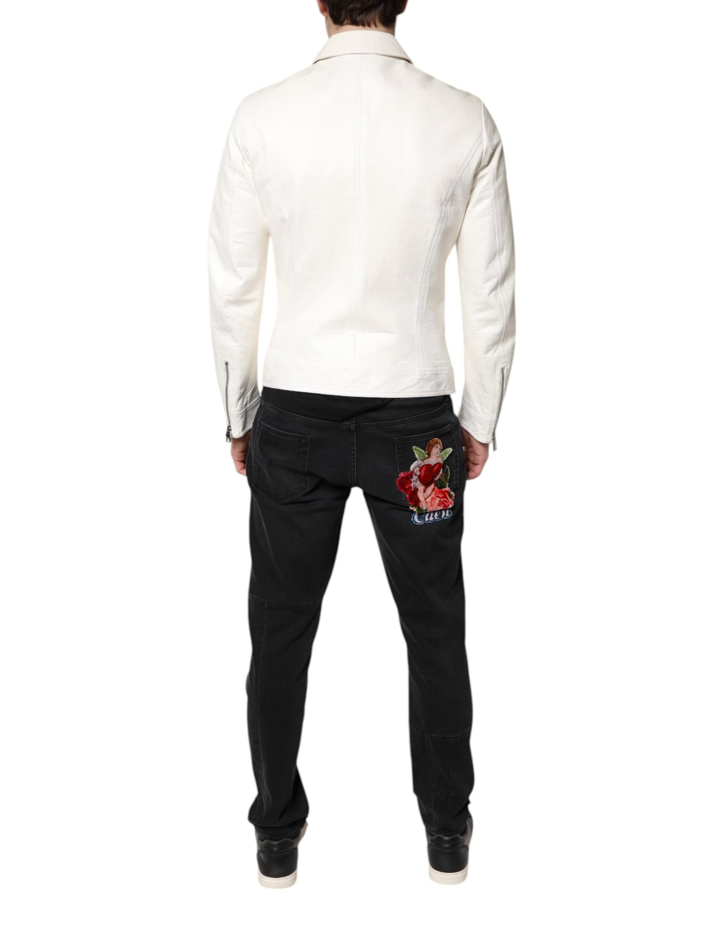 Chaqueta abrigo motociclista Dolce & Gabbana blanca con cuello y cremallera completa
