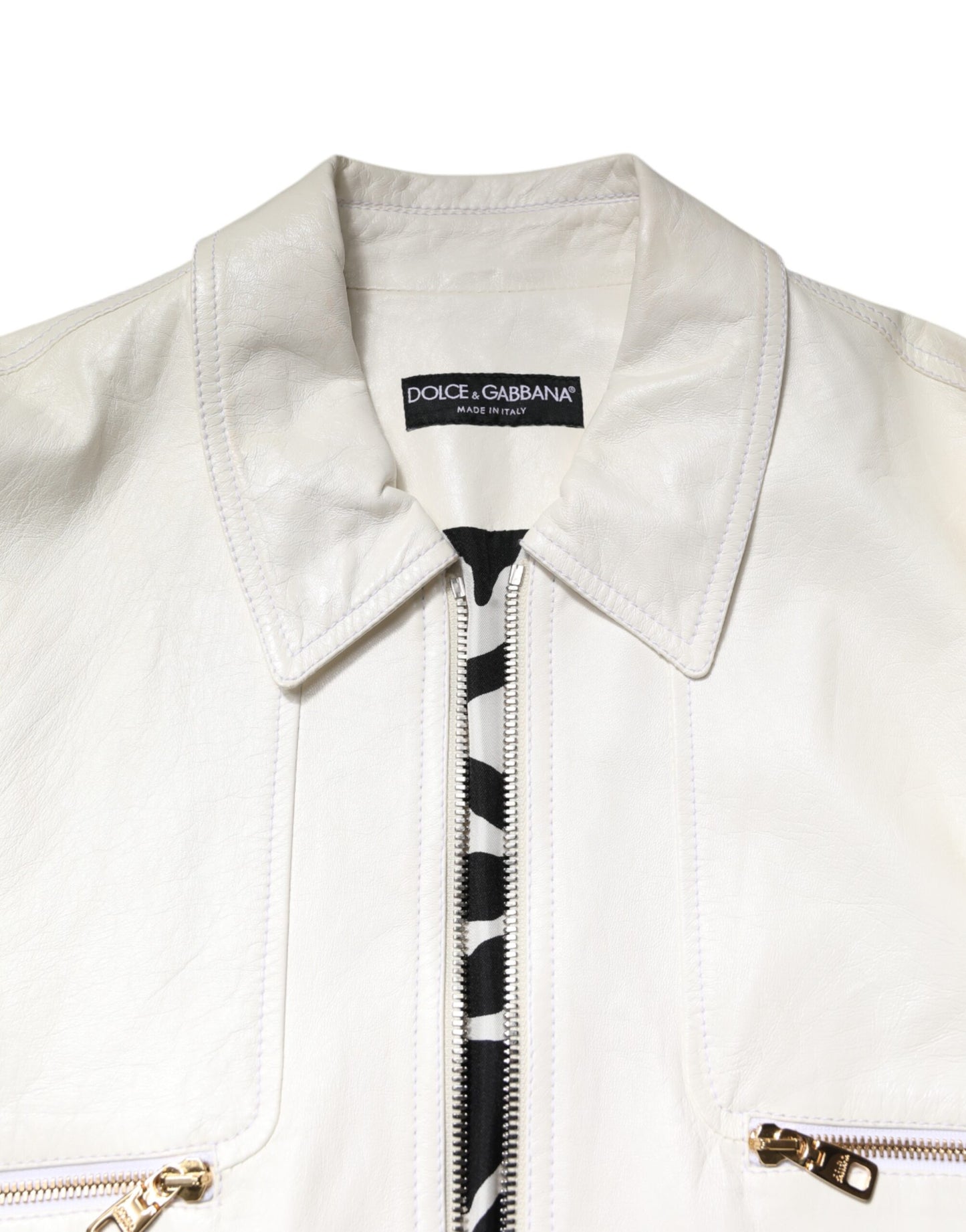 Chaqueta abrigo motociclista Dolce & Gabbana blanca con cuello y cremallera completa