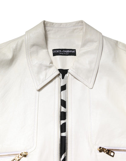 Chaqueta abrigo motociclista Dolce & Gabbana blanca con cuello y cremallera completa