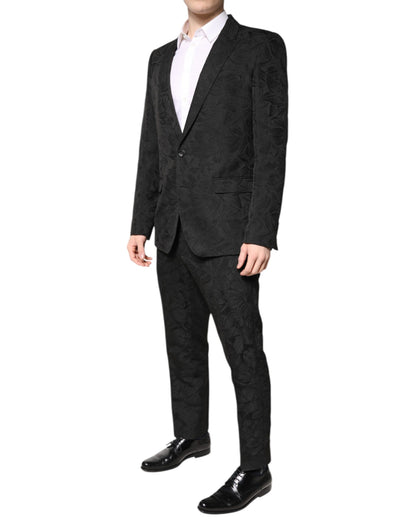 Dolce & Gabbana Black Polyester Floral Jacquard 2 Piece Suit