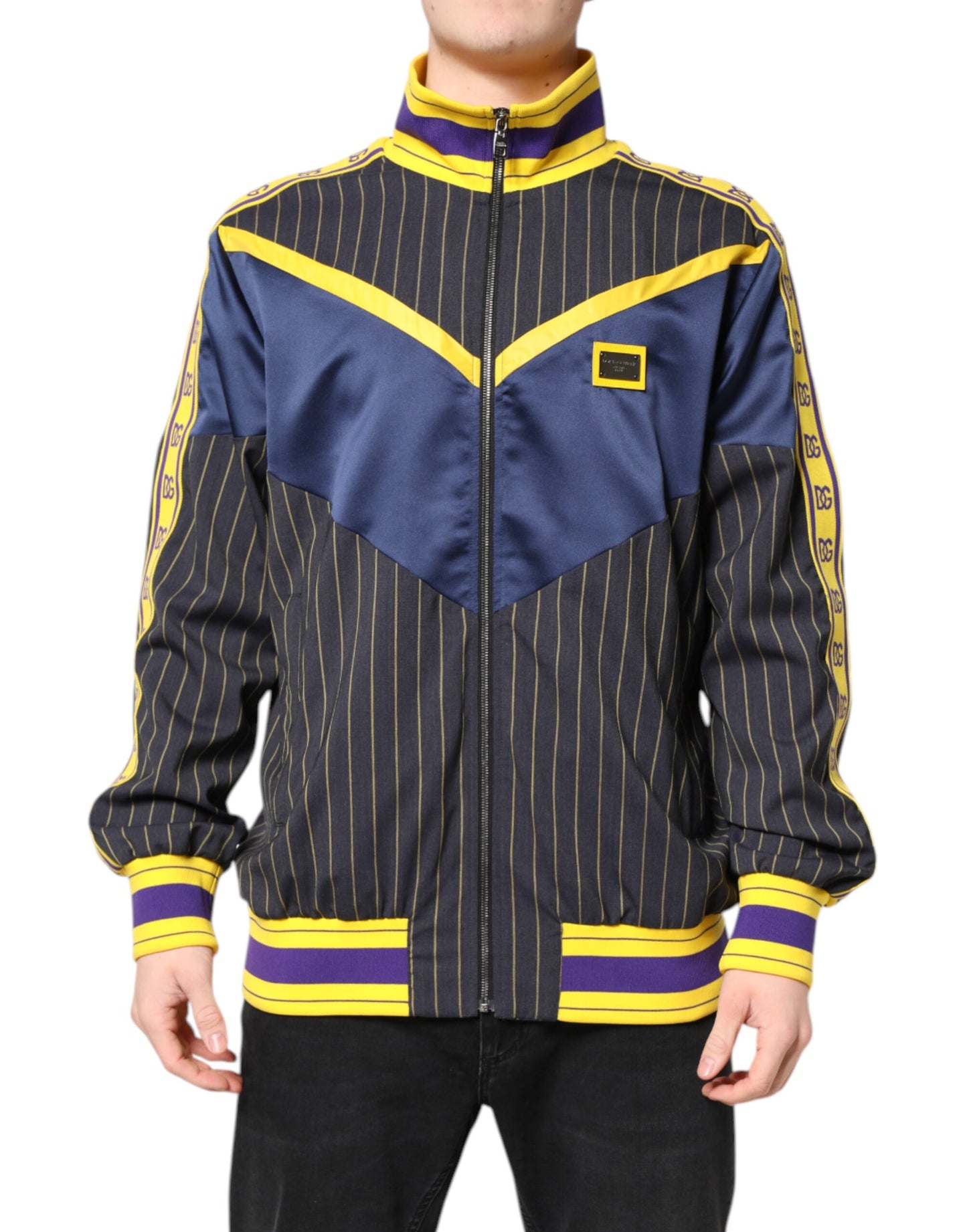Chaqueta bomber con cremallera completa, logo a rayas y negra de Dolce & Gabbana