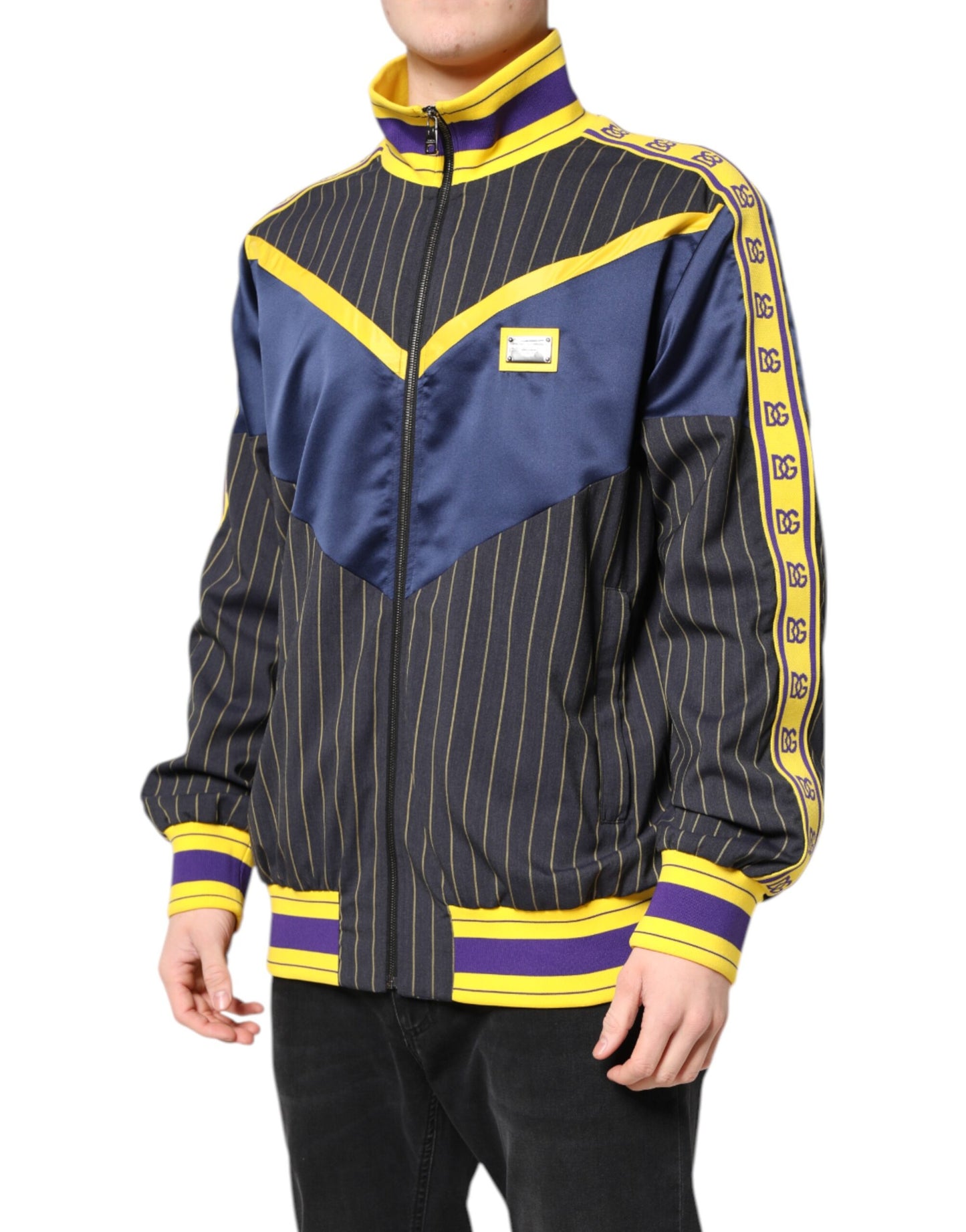 Chaqueta bomber con cremallera completa, logo a rayas y negra de Dolce & Gabbana
