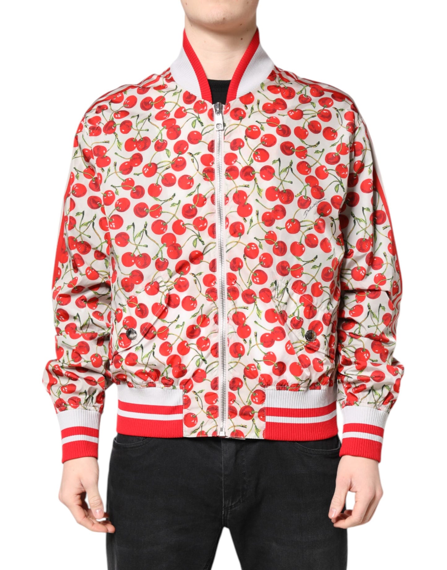Chaqueta bomber con cremallera completa y estampado de cerezas blancas de Dolce & Gabbana