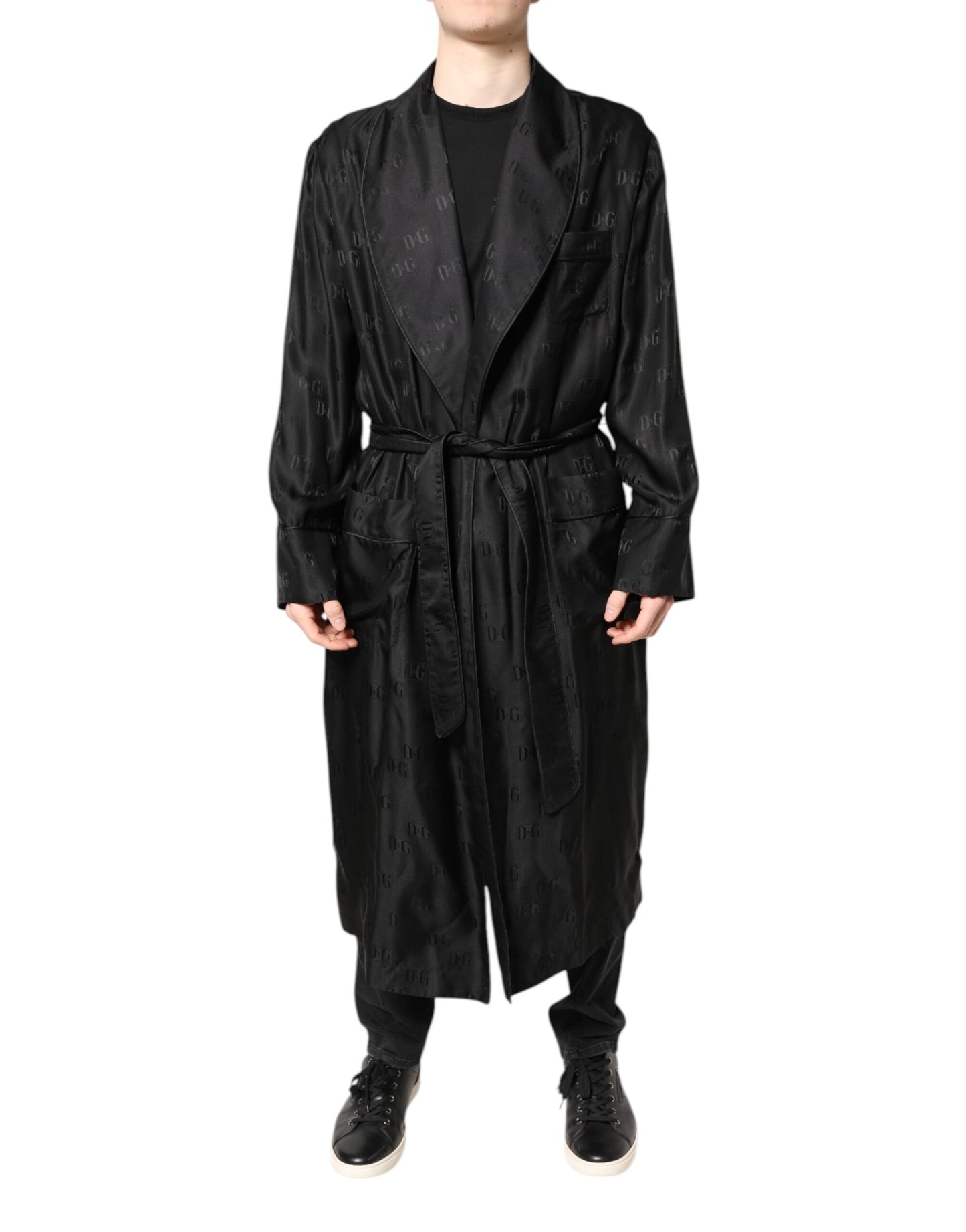 Dolce & Gabbana Negro Seda Logo DG Hombre Bata Envolvente Abrigo Chaqueta