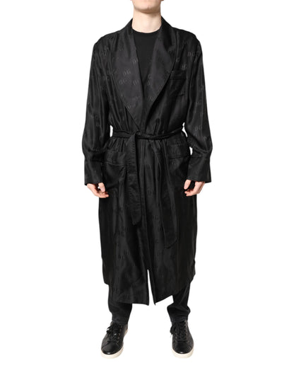 Dolce & Gabbana Negro Seda Logo DG Hombre Bata Envolvente Abrigo Chaqueta
