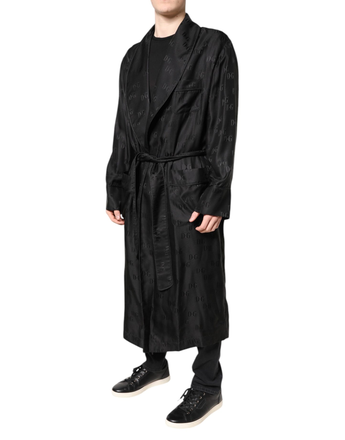Dolce & Gabbana Negro Seda Logo DG Hombre Bata Envolvente Abrigo Chaqueta