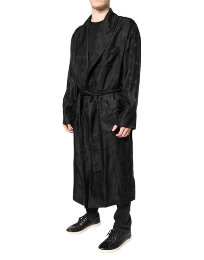 Dolce & Gabbana Negro Seda Logo DG Hombre Bata Envolvente Abrigo Chaqueta