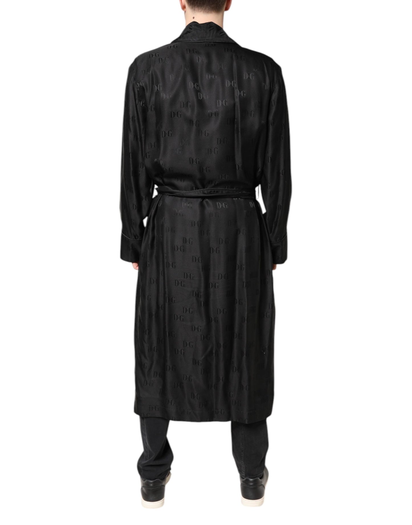 Dolce & Gabbana Negro Seda Logo DG Hombre Bata Envolvente Abrigo Chaqueta
