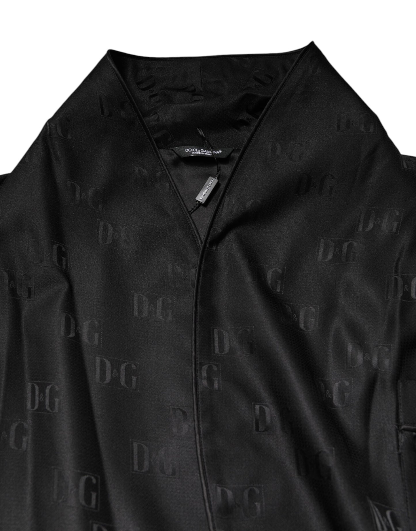 Dolce & Gabbana Negro Seda Logo DG Hombre Bata Envolvente Abrigo Chaqueta