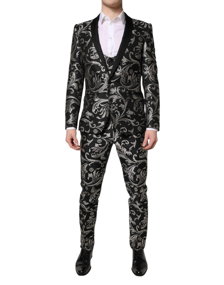 Traje de 3 piezas Dolce & Gabbana Martini Jacquard Negro Gris para hombre