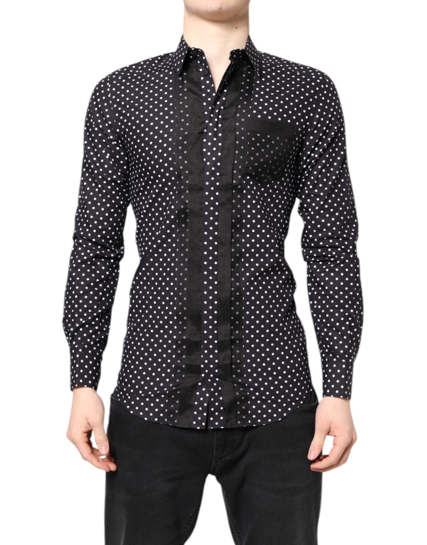 Chemise de Soirée Noire à Pois Manches Longues Dorée Dolce & Gabbana