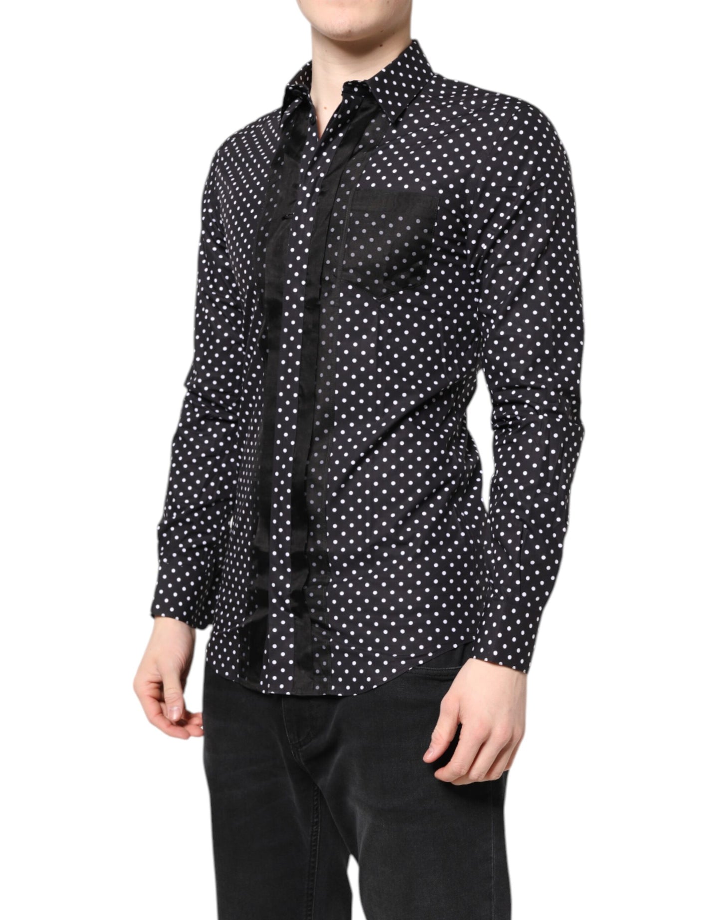 Chemise de Soirée Noire à Pois Manches Longues Dorée Dolce & Gabbana