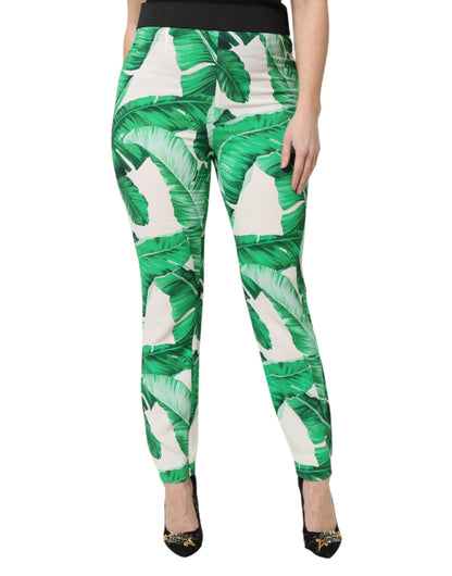 Pantalon taille haute Dolce & Gabbana blanc à imprimé feuille verte
